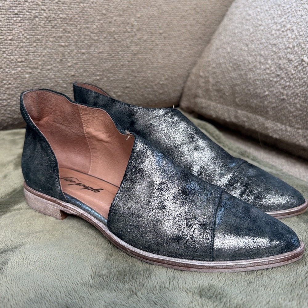 FREE PEOPLE ROYALE ONYX D'ORSAY POINTED TOE SLIP ON FLAT SHOES BLACK METALLIC 39 - Picture 1 of 6